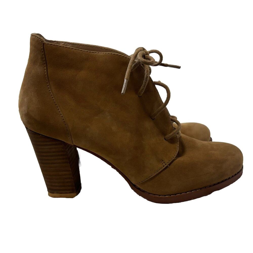 Lands End Roanne Chukka Booties Tan Suede Lace Up High Heeled Women's Sz 7 *FLAW